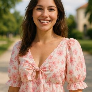 Francesca’s Floral Puff Sleeve Tie Front Crop Top – Size S